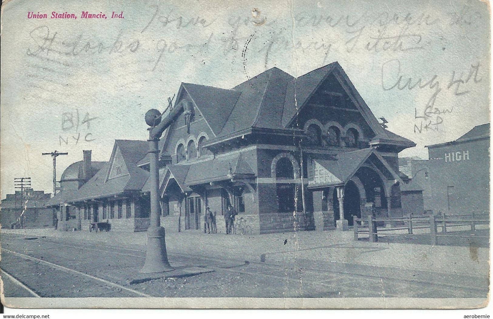 Alte Postkarte UNION STATION, Muncie/Indiana (1908) - Stations - Zonder Treinen