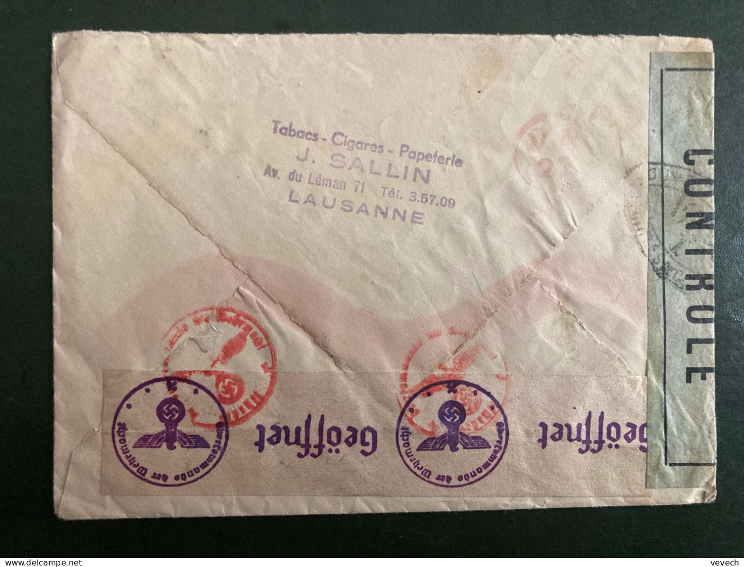 LETTRE TABACS J SALLIN Pour TUNISIE TP 20 + 10 OBL.MEC.29 II 1944 LAUSANNE 1 + CENSURE - Storia Postale