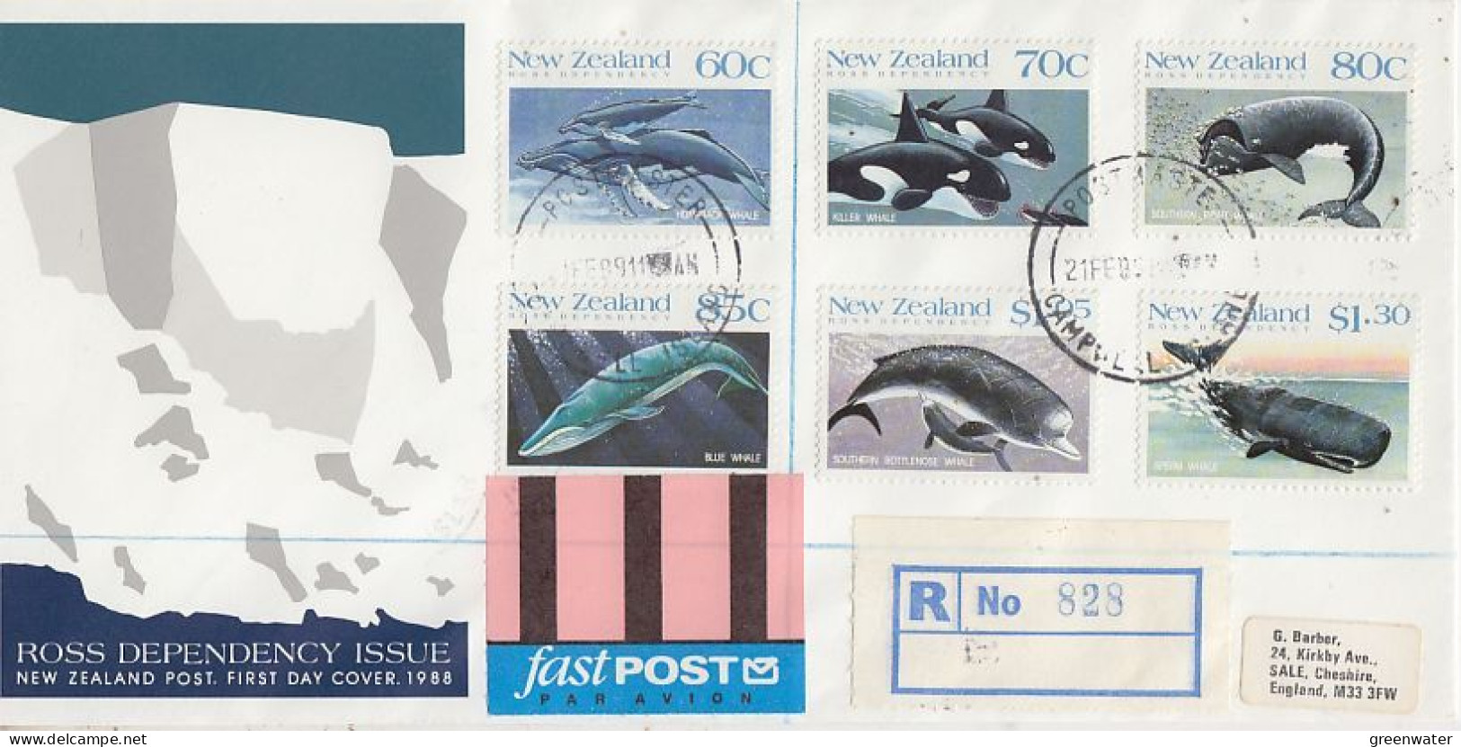 New Zealand Ross Dependency Whales 6v On Registrered Letter Ca Campbell Island 21 FEB 1989 (RO195) - Bases Antarctiques