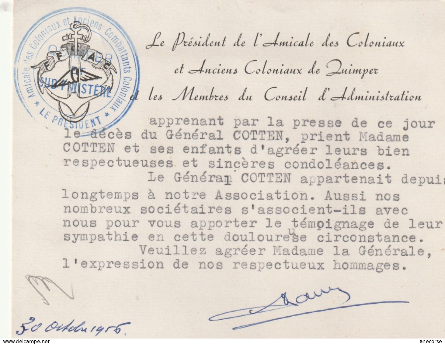 Carton Le Président De L Amicale Des Coloniaux De Quimper ( Décés Du Général COTTEN 1956 ) Sud Finistére - Other & Unclassified