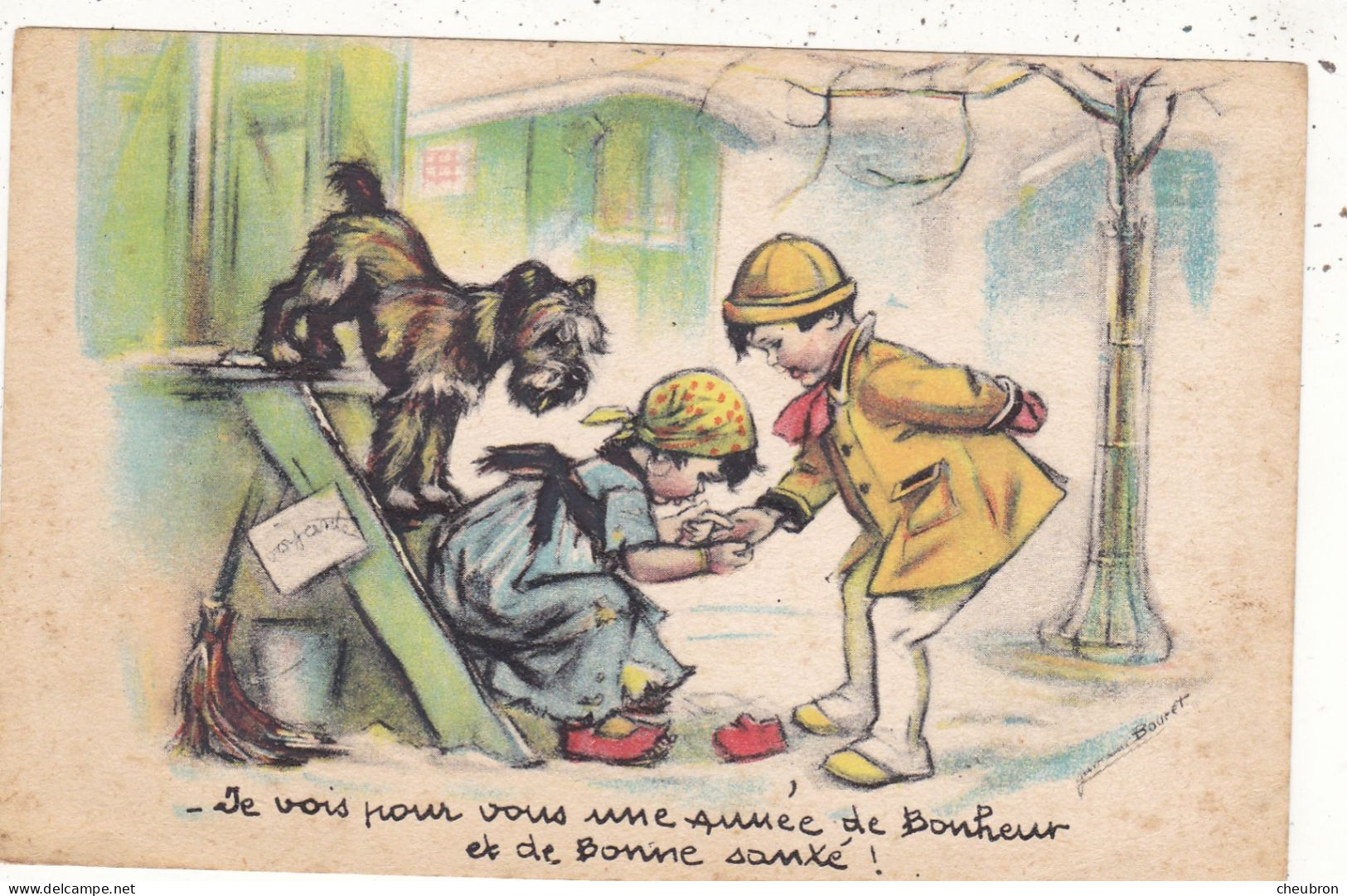 ILLUSTRATEURS. ILLUS. GERMAINE BOURET. ENFANTS. CHIEN "  Je Vois Pour Vous Une Année De Bonheur Et De Bonne Santé.". - Bouret, Germaine