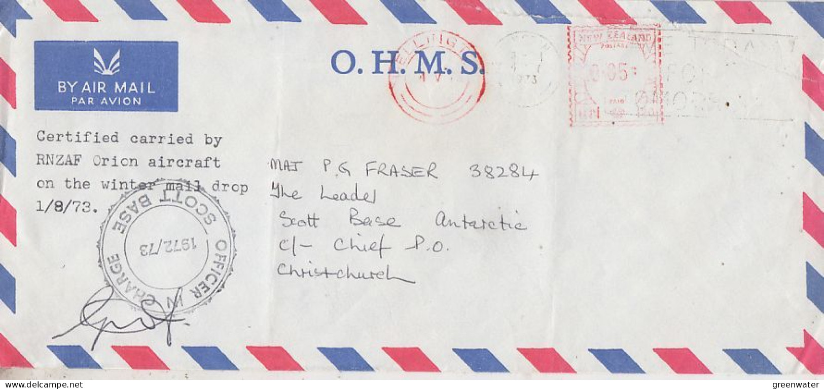 Ross Dependency Scott Base  O.H.M.S. RNZAF Orion Aircraf Winter Mail Drop 1 AUG 1973 Signature (RO196) - Storia Postale