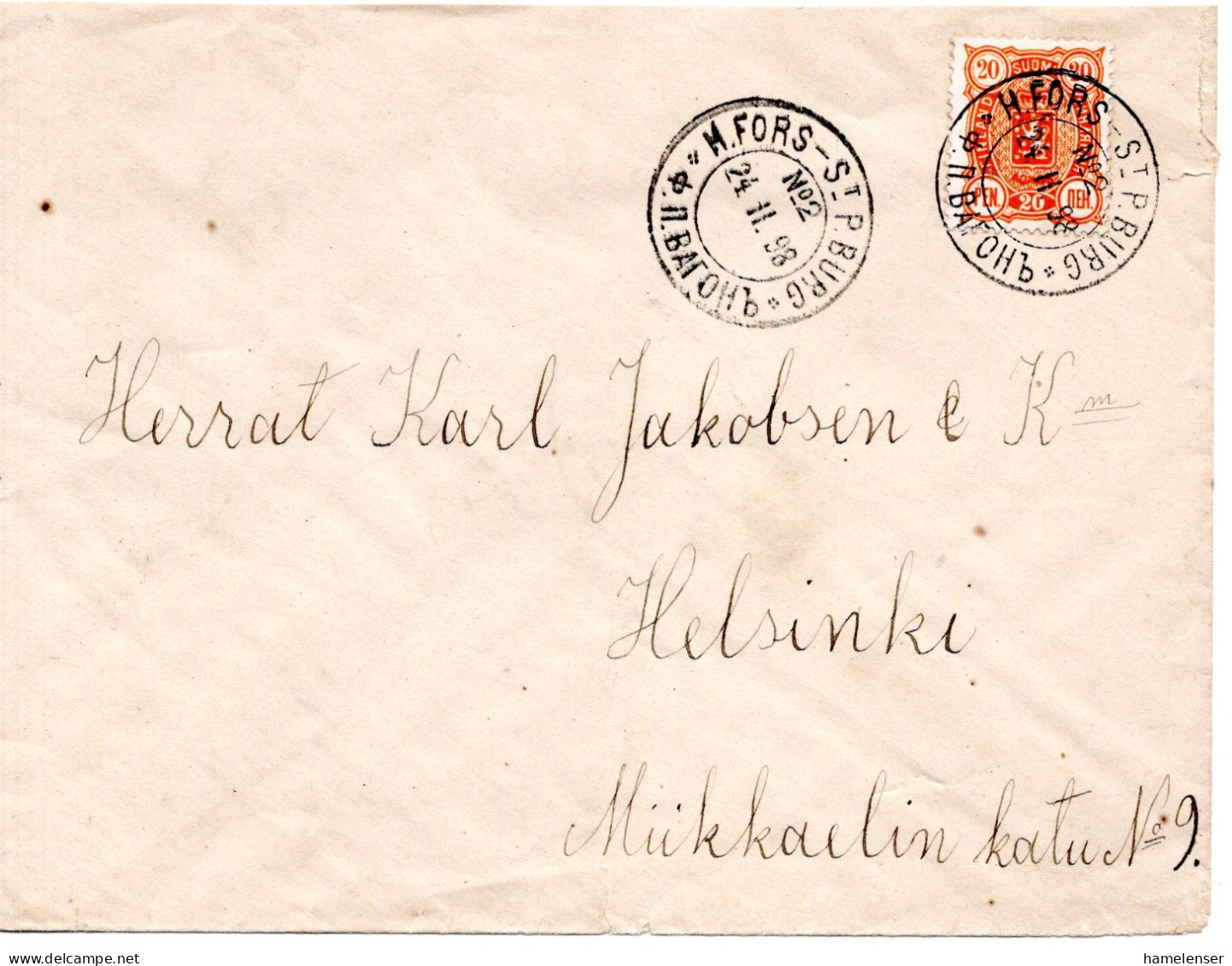 78329 - Finnland - 1898 - 20P Wappen EF A Bf BahnpostStpl H:FORS-ST P.BURG -> HELSINKI - Briefe U. Dokumente