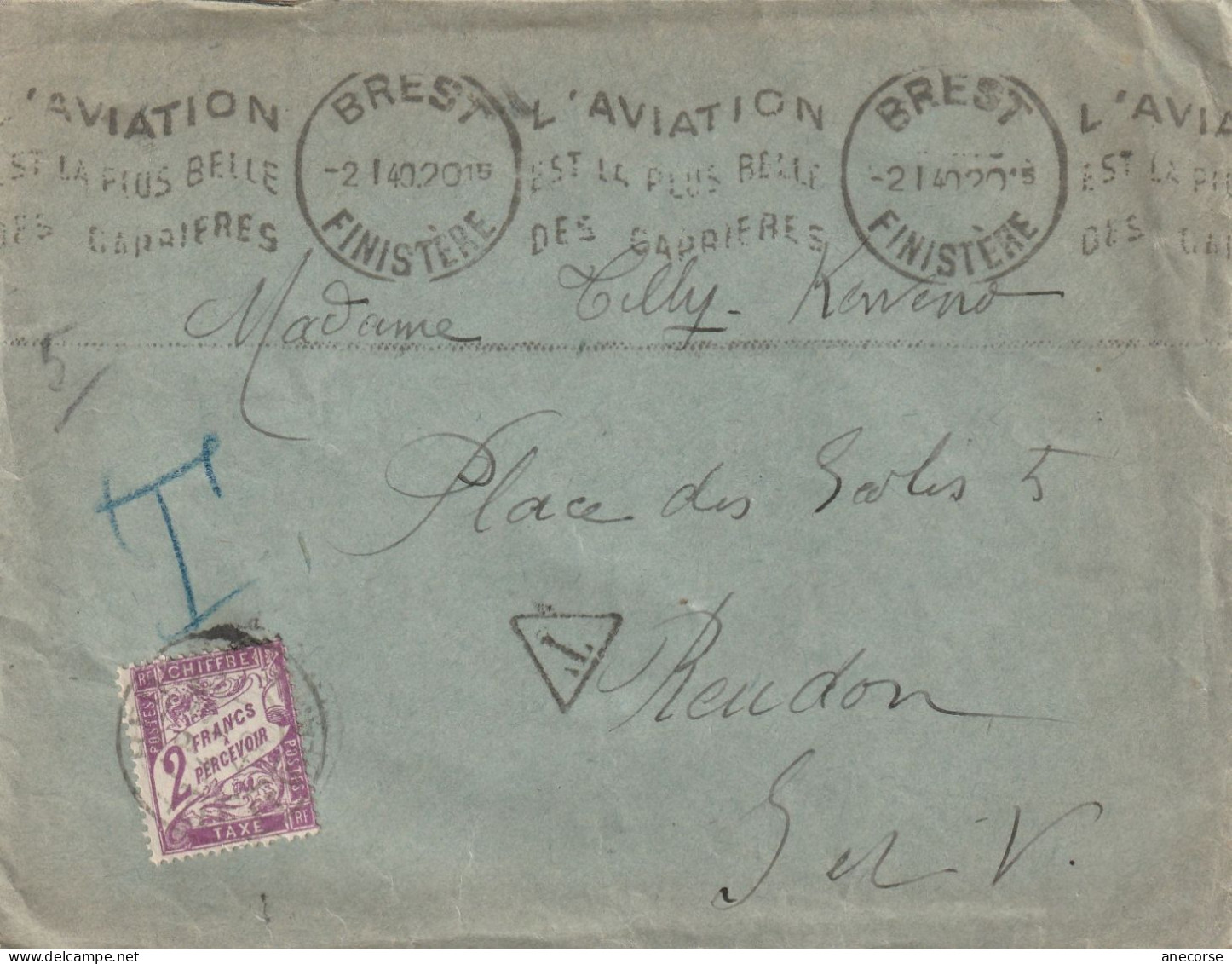 Envelppe  Flamme Aviation (Brest Finistére ) Redon Taxe De 2 FRANCS - 1859-1959 Lettres & Documents