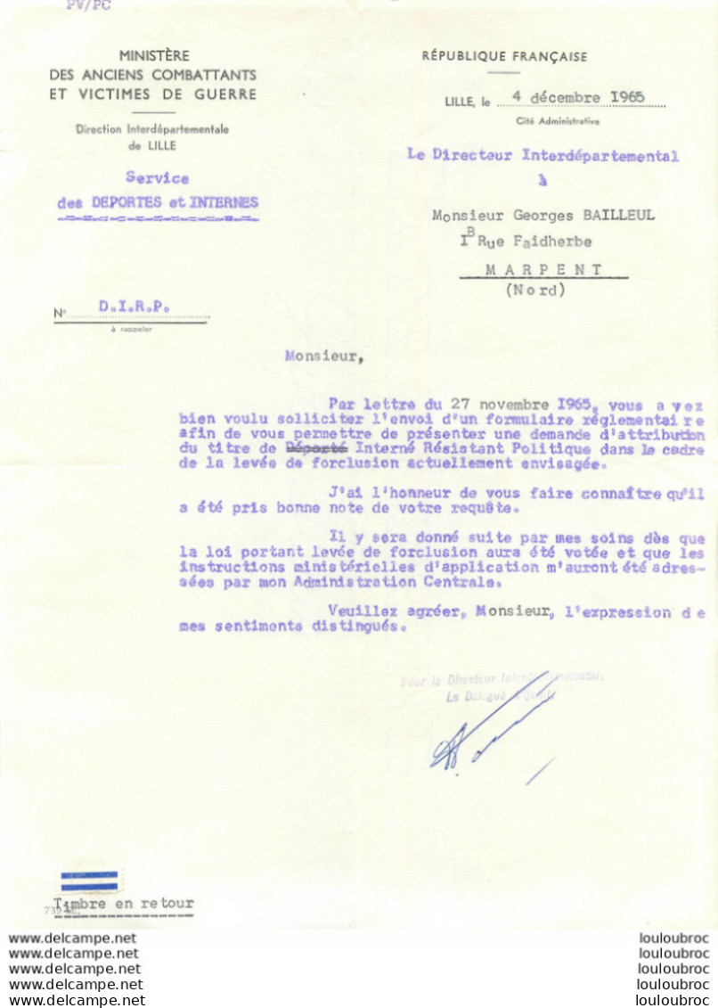 GEORGES BAILLEUL AYANT ETE PRISONNIER A LA CITADELLE D'AMIENS 08/1944 ECRIT DE 1965 AU MINISTERE - 1939-45