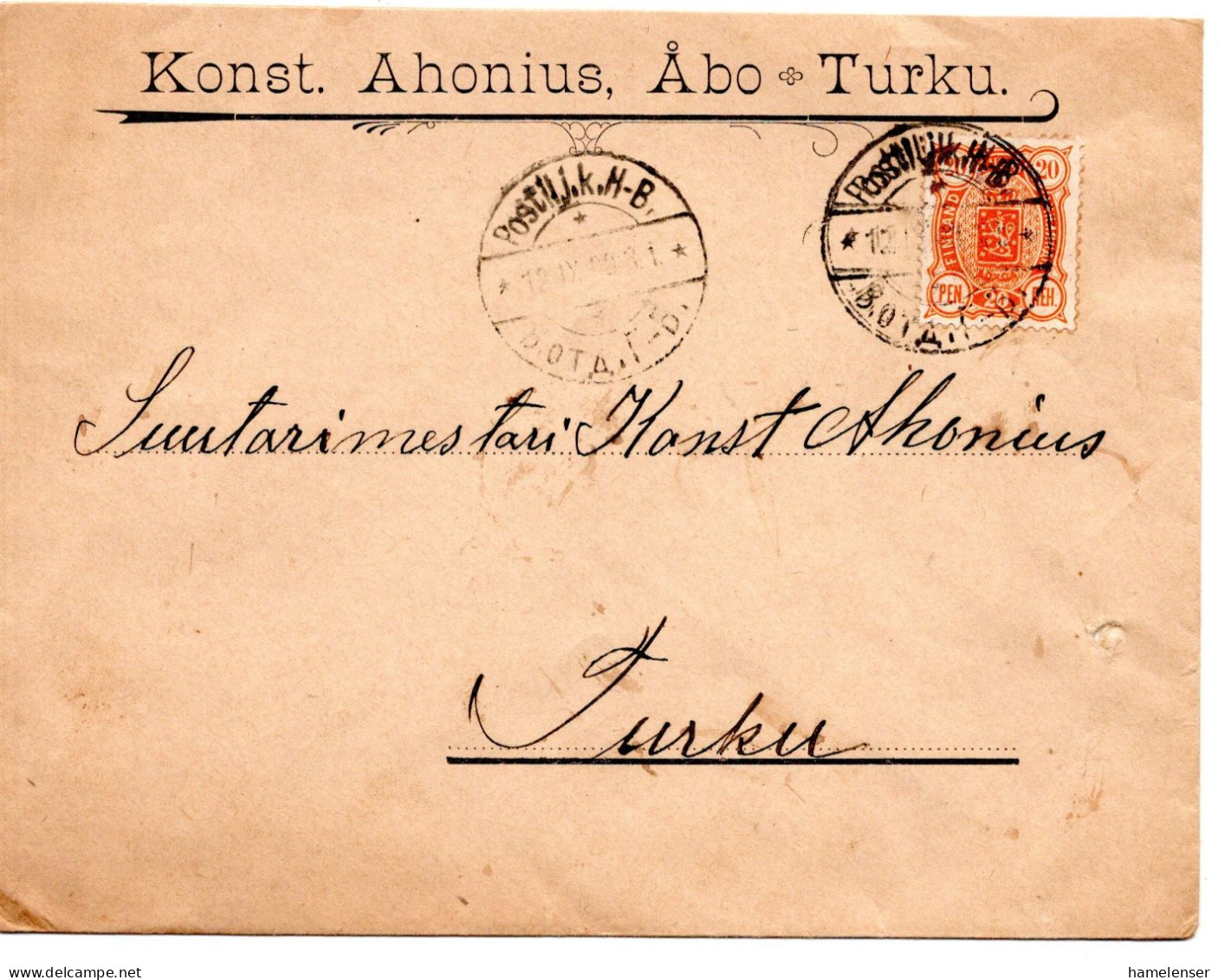 78331 - Finnland - 1900 - 20P Wappen EF A Bf BahnpostStpl POSTILJ.K. H-B -> TURKU - Covers & Documents