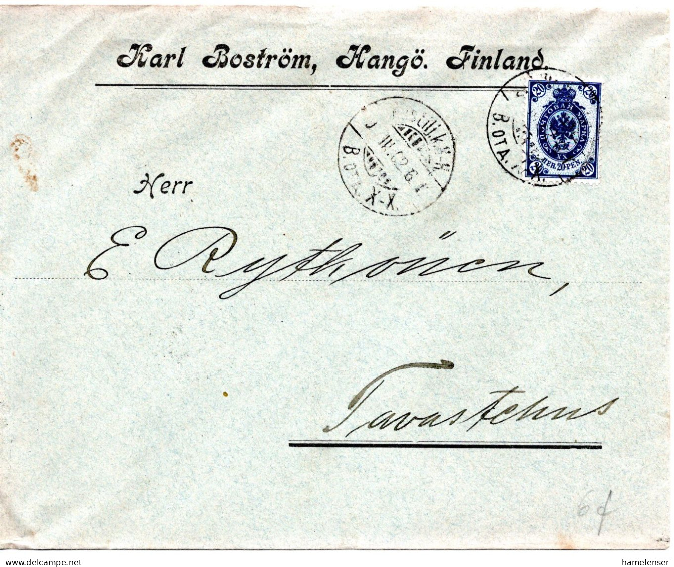 78332 - Finnland - 1902 - 20P Wappen EF A Bf BahnpostStpl POSTILJ.K. H-H -> TAVASTEHUS - Lettres & Documents