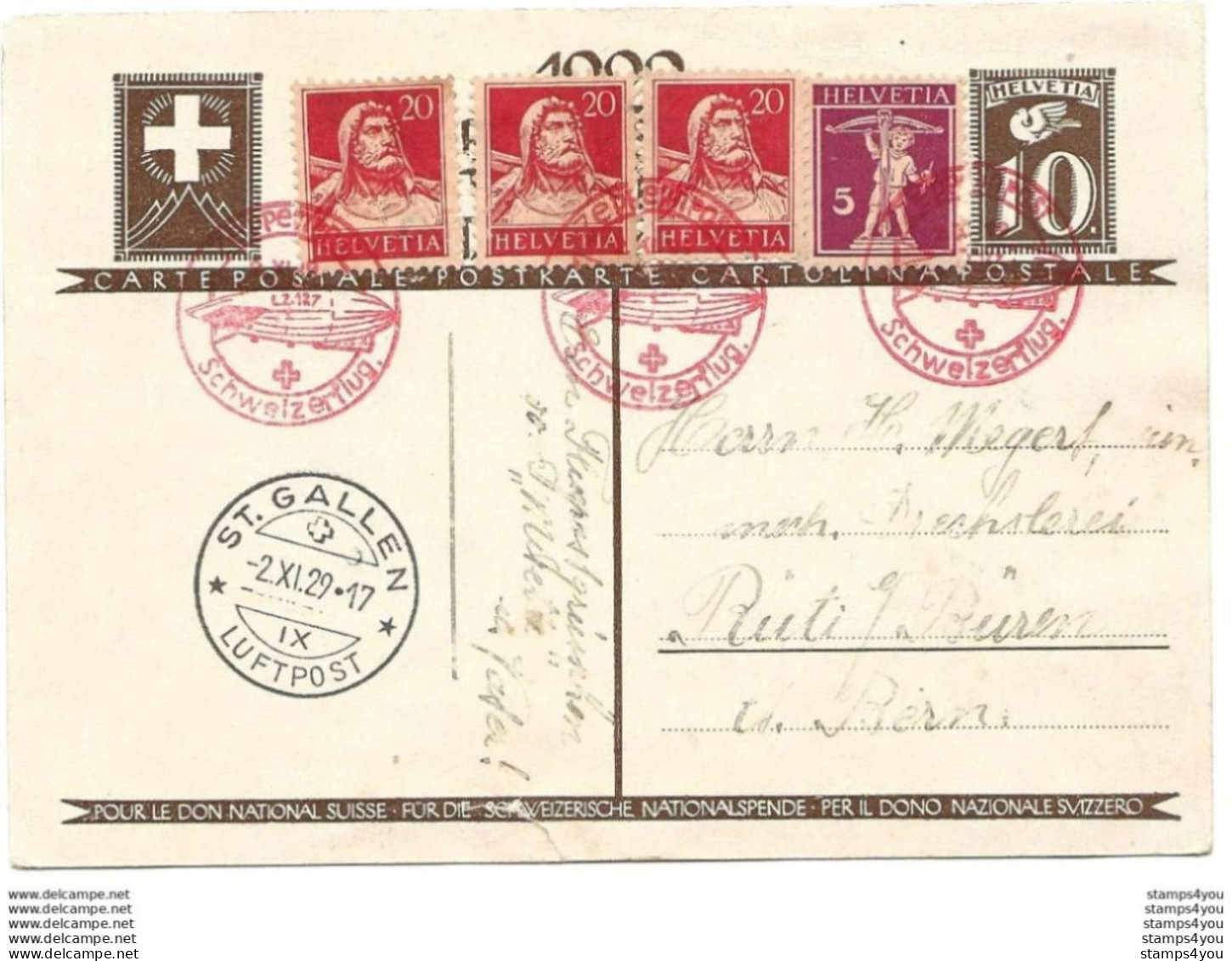 13 - 33 - Entier Postal Fête Nationale - Cachets Vol Zeppelin Schweizerflug 1929 - Other & Unclassified