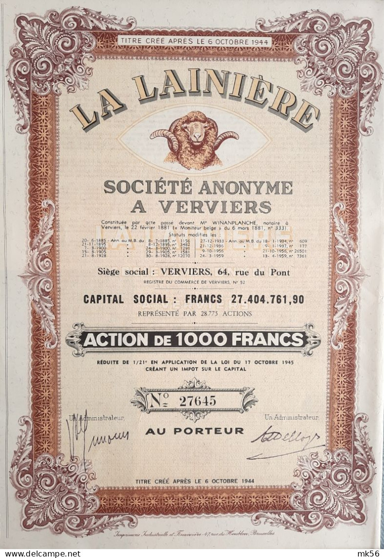 La Lainière - Verviers - 1959 - Action De 1000 Francs - Tessili