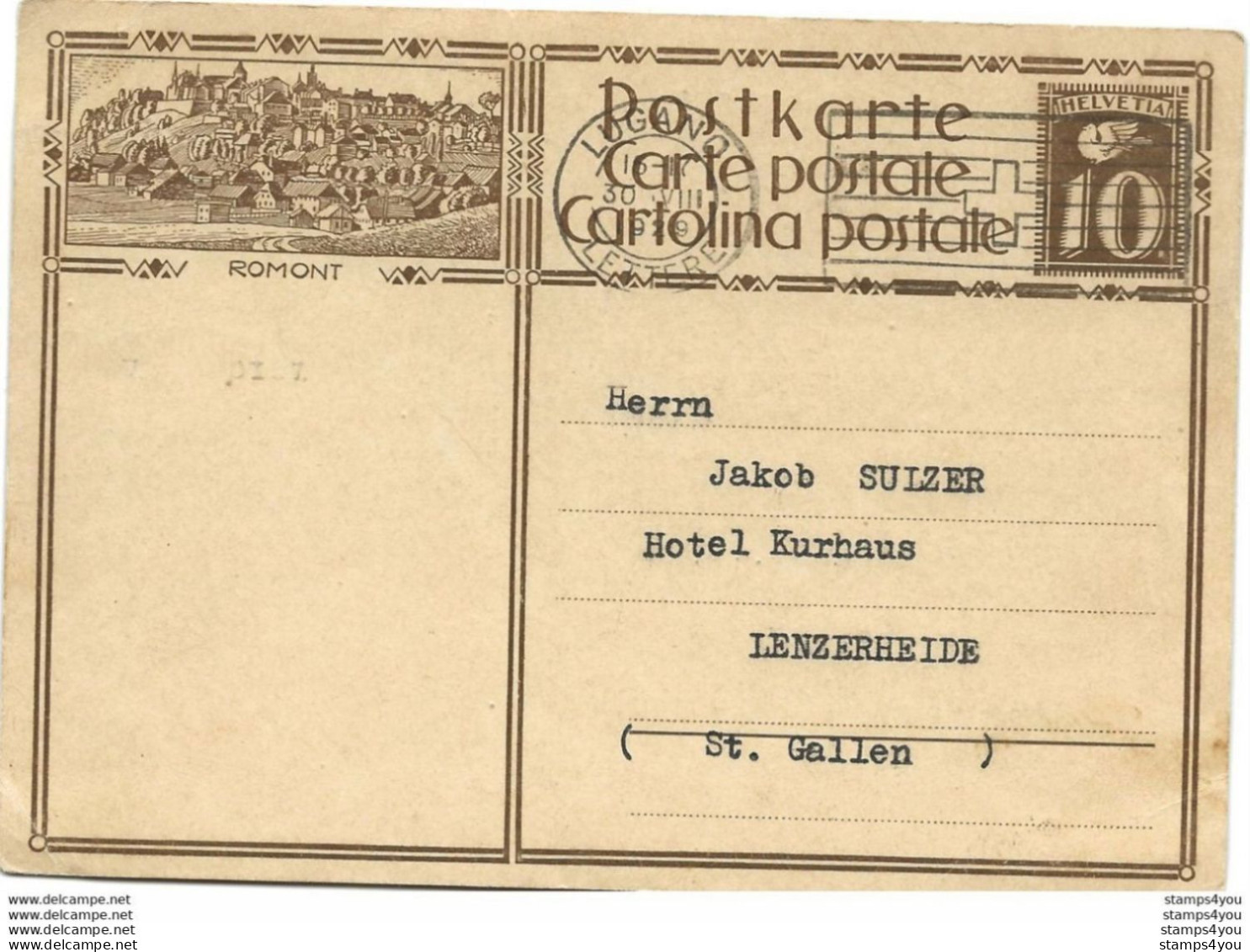 207 - 78 - Entier Postal Avec Illustration "Romont" Oblit Mécanique 1929 - Ganzsachen