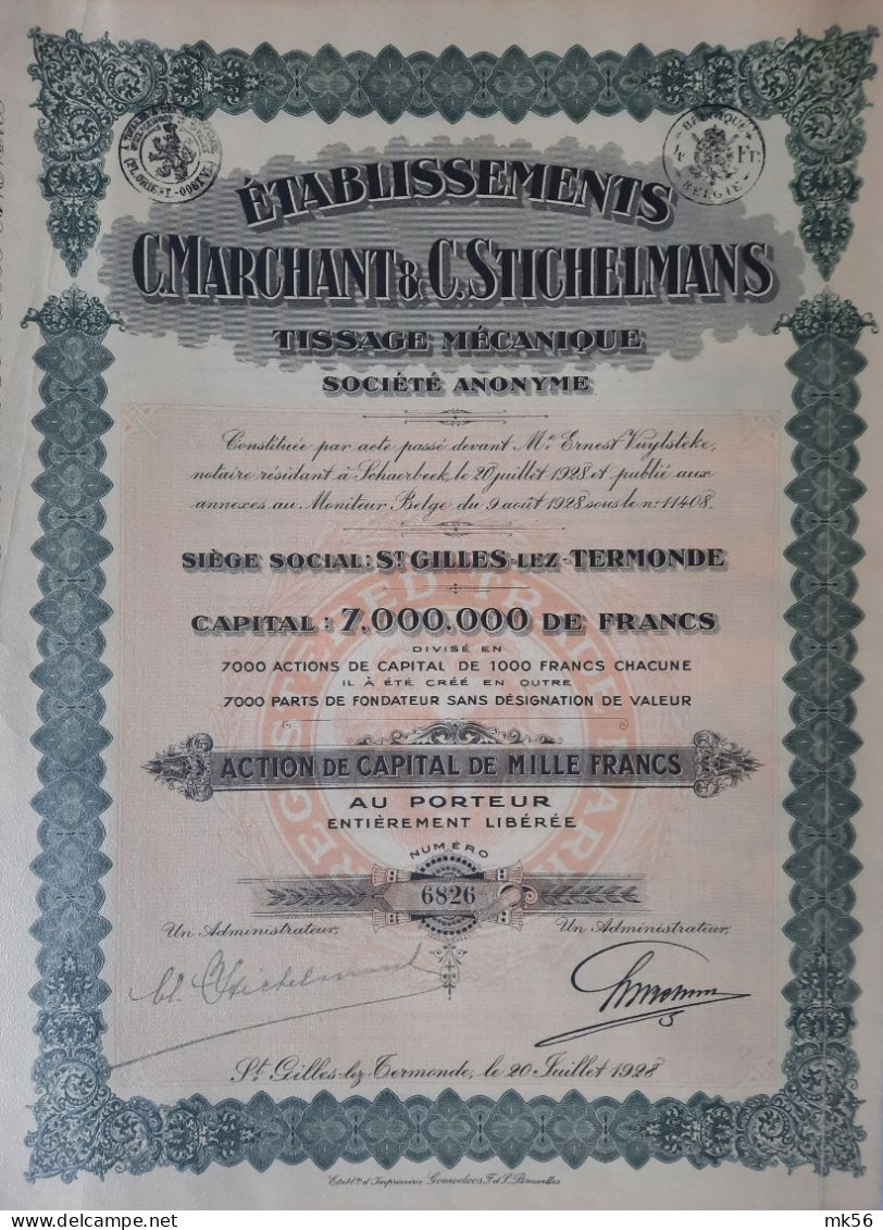 Etbls C.Marchant  & C.Stichelmans - Tissage Mécanique - St Gilles-Lez Termonde - Action De Capital (1928) - Textile