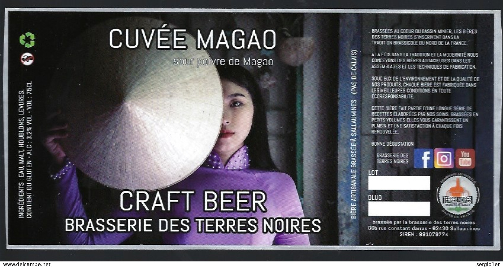 étiquette Bière France: Biere Noire  Craft Beer Cuvée Magao  Brasserie Des Terres Noires Sallaumines 62 "femme" - Bière