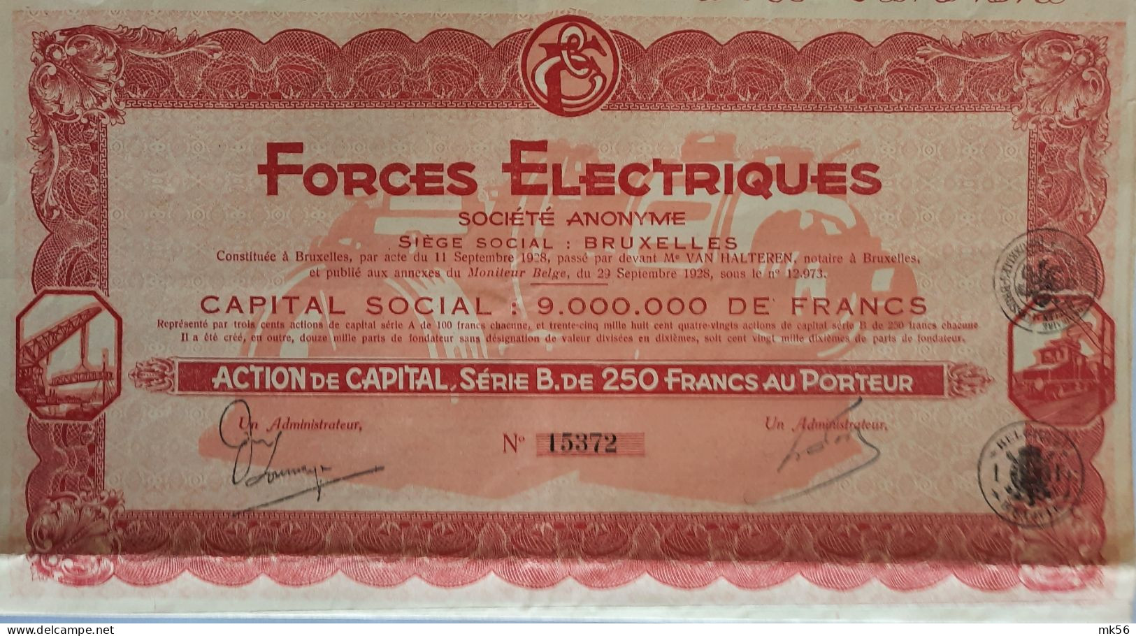 S.A. Forces Electriques - 1928 - Action De Capital - Brussel - Elektrizität & Gas