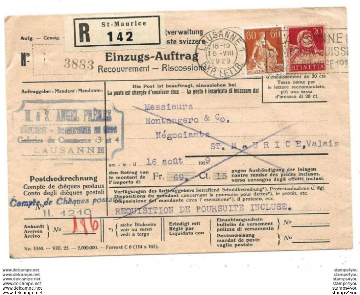 116 - 87 - Enveloppe "recouvrement" Recommandée Envoyée De Lausanne à St Maurice 1929 - Storia Postale