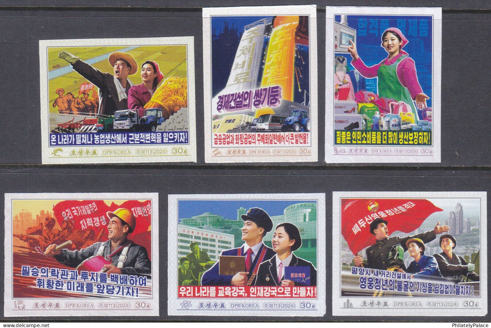 NORTH KOREA 2024 Propaganda Poster,Agriculture,Chemical,Metal Industry,School,Education,Army,Imperf MNH (**) - Korea (Nord-)
