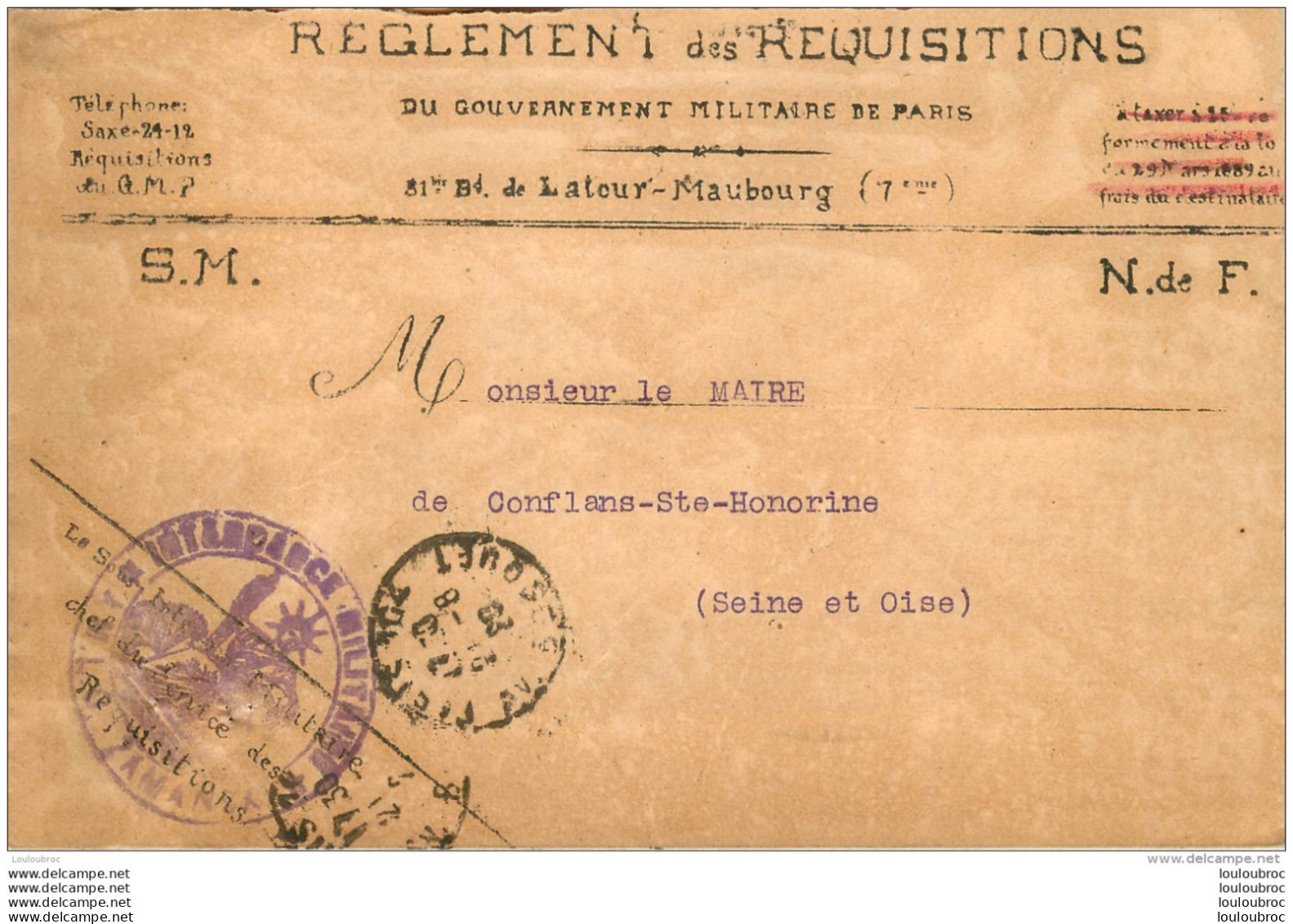 RARE ENVELOPPE REGLEMENT DES REQUISITIONS DU GOUVERNEMENT MILITAIRE DE PARIS  1929   CACHET INTENDANCE MILITAIRE - Historical Documents