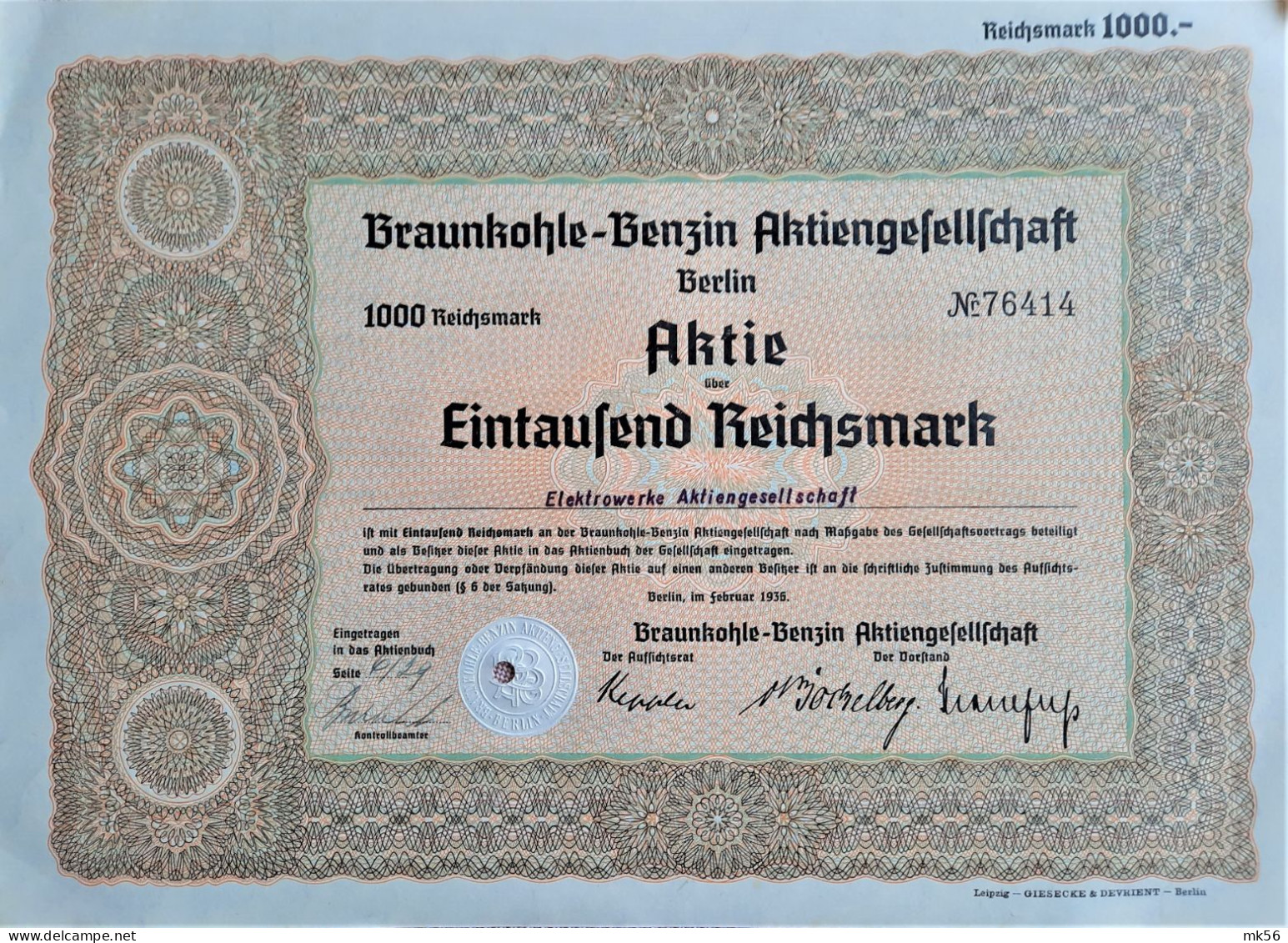 Braunkohle-Benzin A.G. Berlin - 1936 - Aktie üer 1000 RM - Other & Unclassified