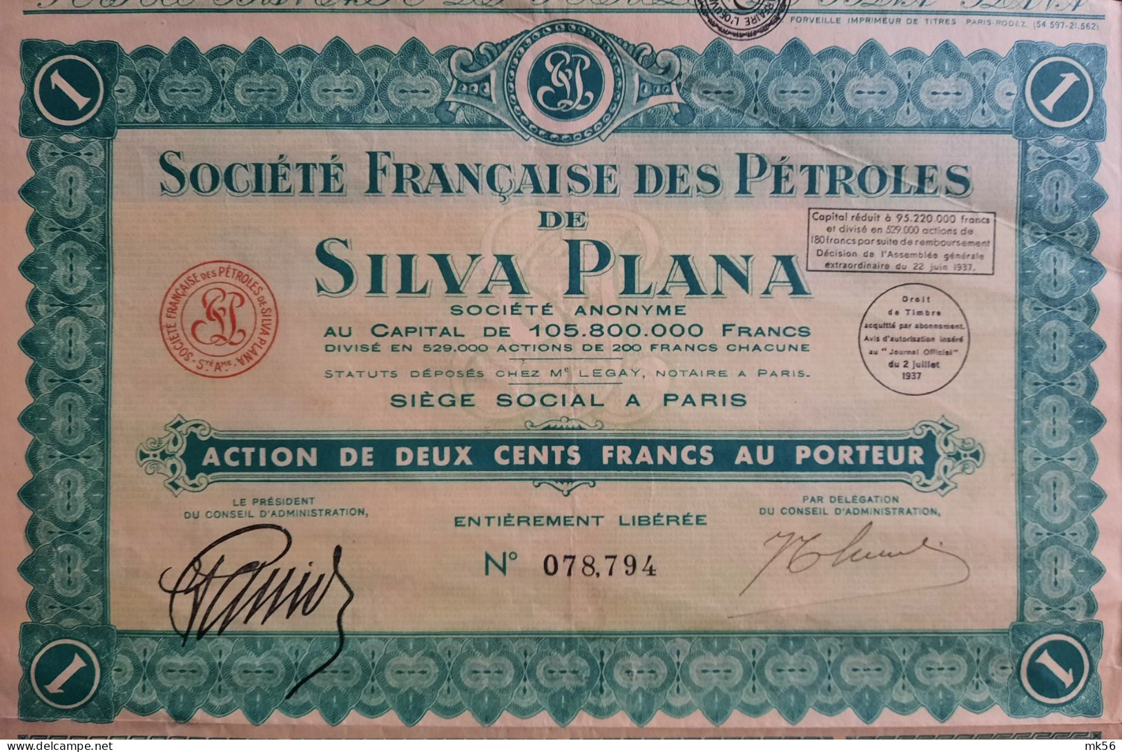 Société Française Des Pétroles De Silva Plana - Paris - Action De 200 Francs Au Porteur - 1937 - Aardolie