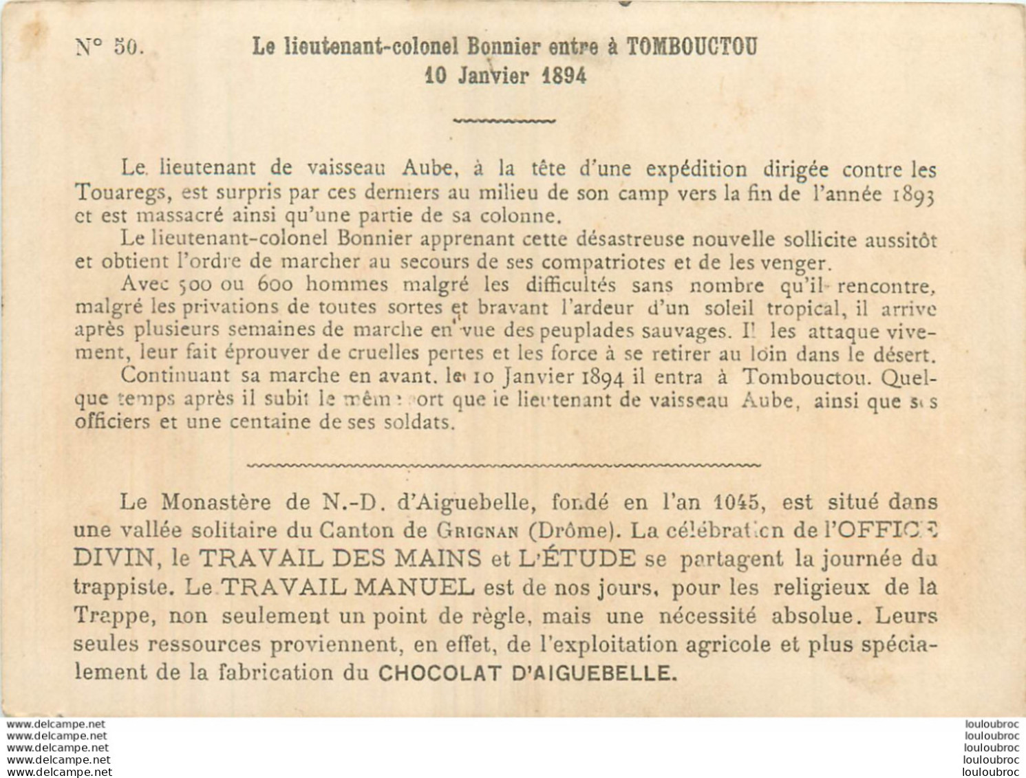 GRANDE CHROMO CHOCOLATERIE D'AIGUEBELLE CAMPAGNE DU SOUDAN  BONNIER ENTRE A TOMBOUCTOU - Aiguebelle