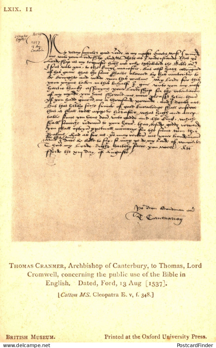 Thomas Cranmer To Lord Cromwell Bible 1537 Letter Old Postcard - Objets D'art