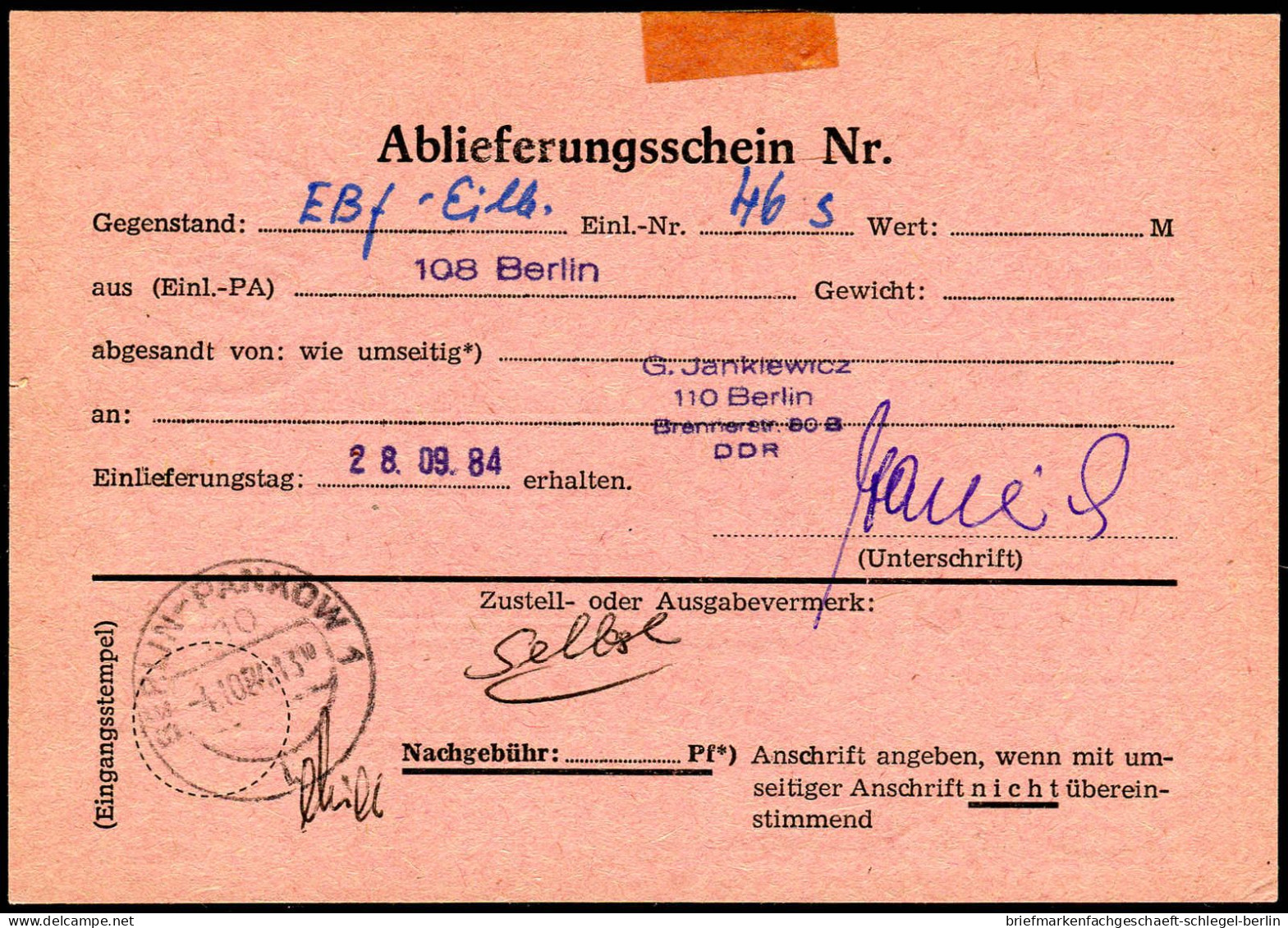 DDR, 1984, PS, Brief - Andere & Zonder Classificatie