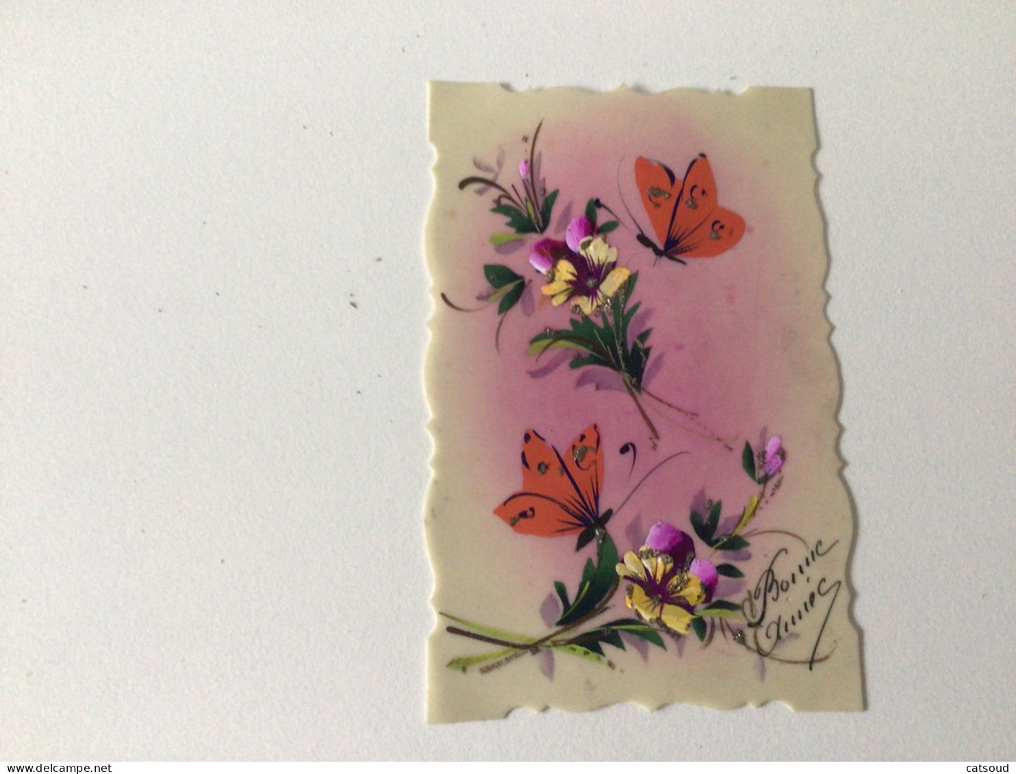 Carte Postale Ancienne Pensées Et Papillons  Avec Paillettes Sur Carte Transparente Bonne Année - Blumen