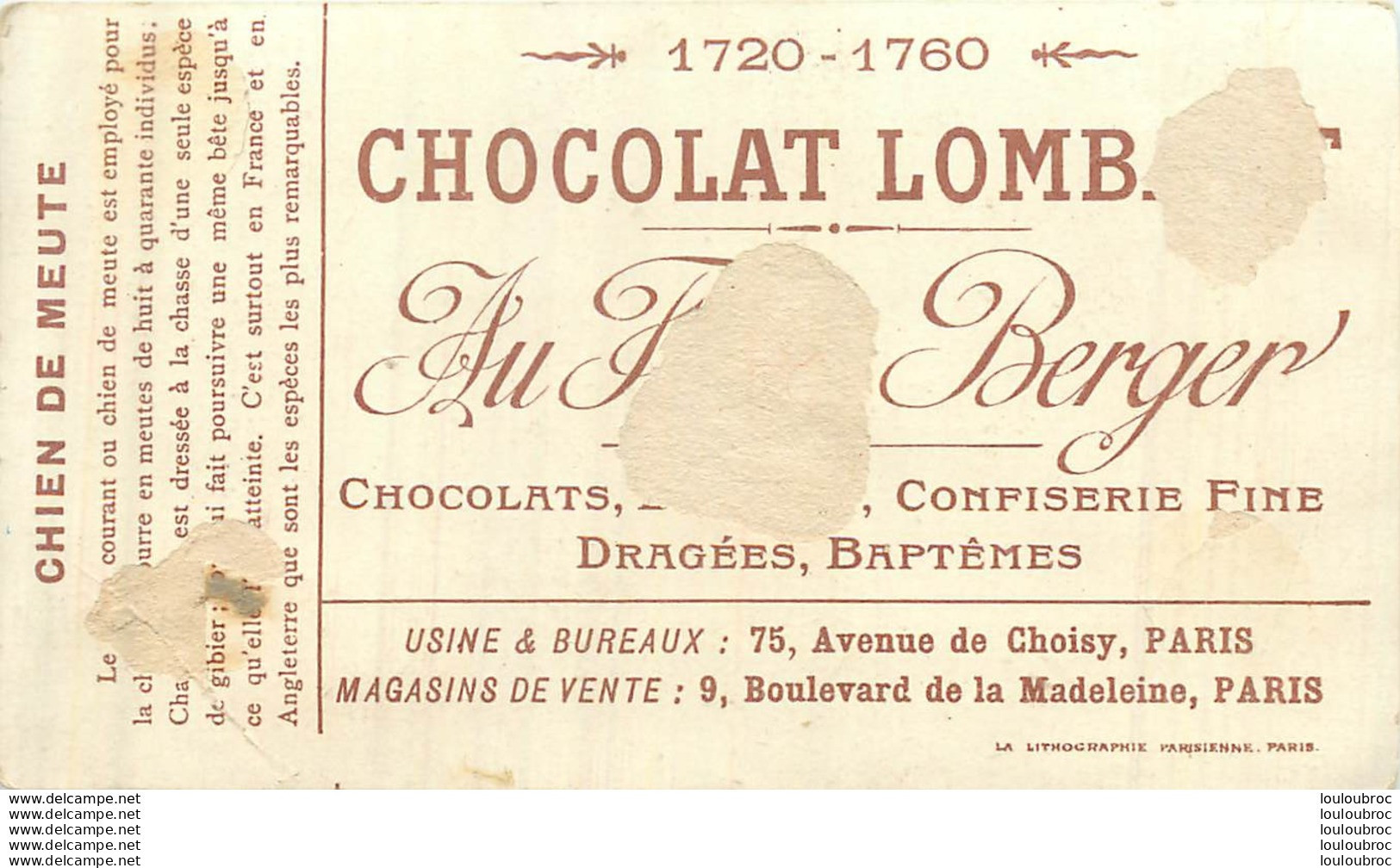 CHROMO  CHOCOLAT LOMBART CHIENS DE MEUTE - Lombart