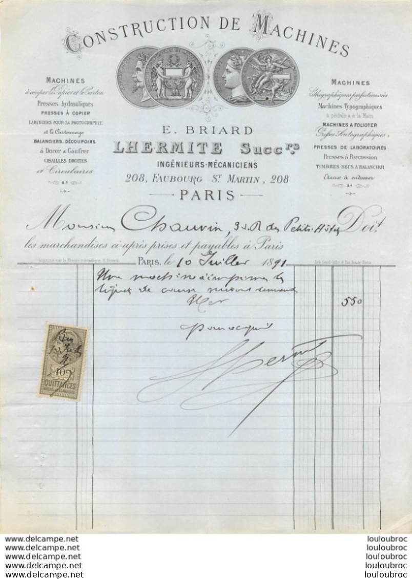 FACTURE 1891 E. BRIARD LHERMITE SUCCESSEURS CONSTRUCTION DE MACHINES 208 FAUBOURG SAINT MARTIN PARIS - 1800 – 1899