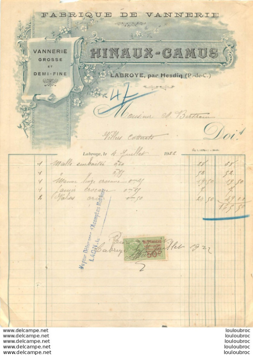 FACTURE 1922 MAISON HINAUX CAMUS A LABROYE PAR HESDIN FABRIQUE DE VANNERIE - 1900 – 1949