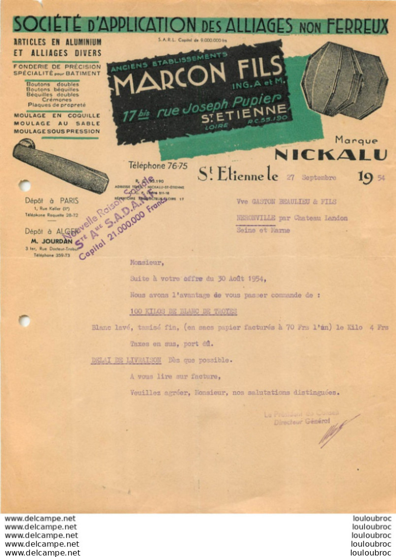 FACTURE 1954 ANCIENS ETS MARCON FILS MARQUE NICKALU  SAINT ETIENNE - 1950 - ...