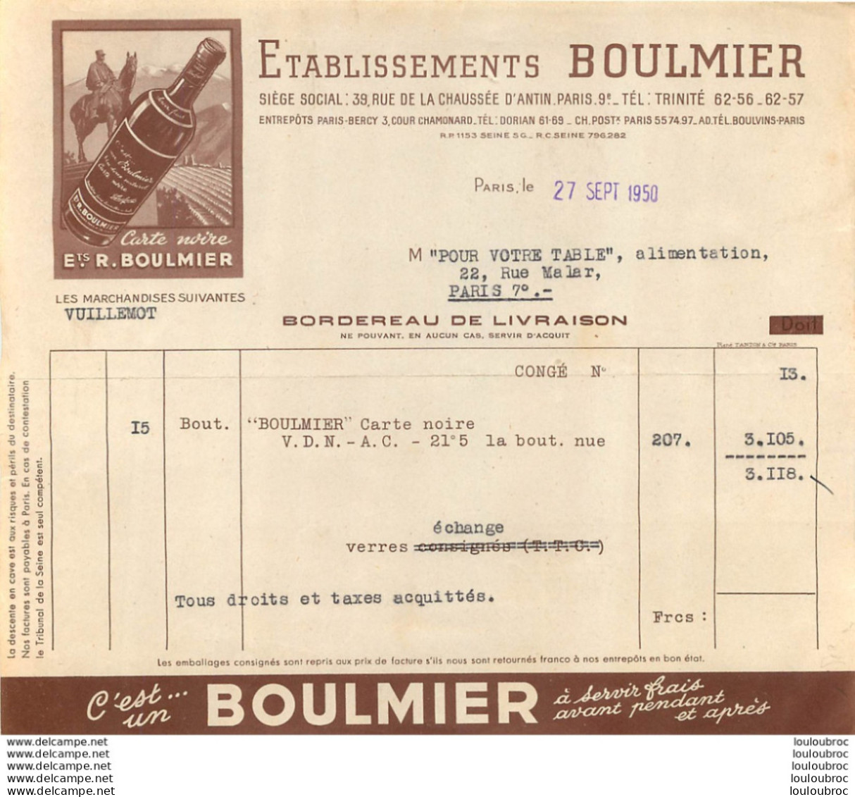 FACTURE 1950 ETS BOULMIER  VIN CARTE NOIRE  PARIS - 1900 – 1949