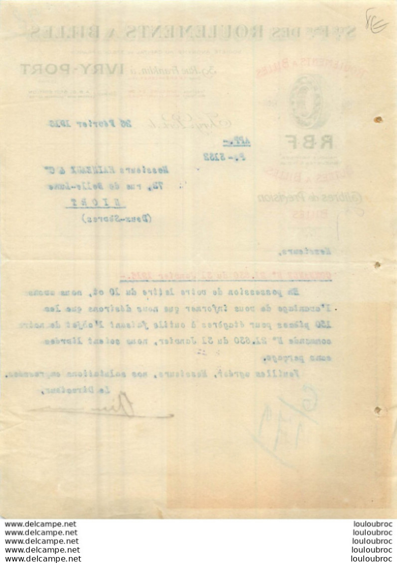 FACTURE 1916 RBF STE FRANCAISE DES ROULEMENTS A BILLES   39 RUE FRANKLIN A IVRY PORT - 1900 – 1949
