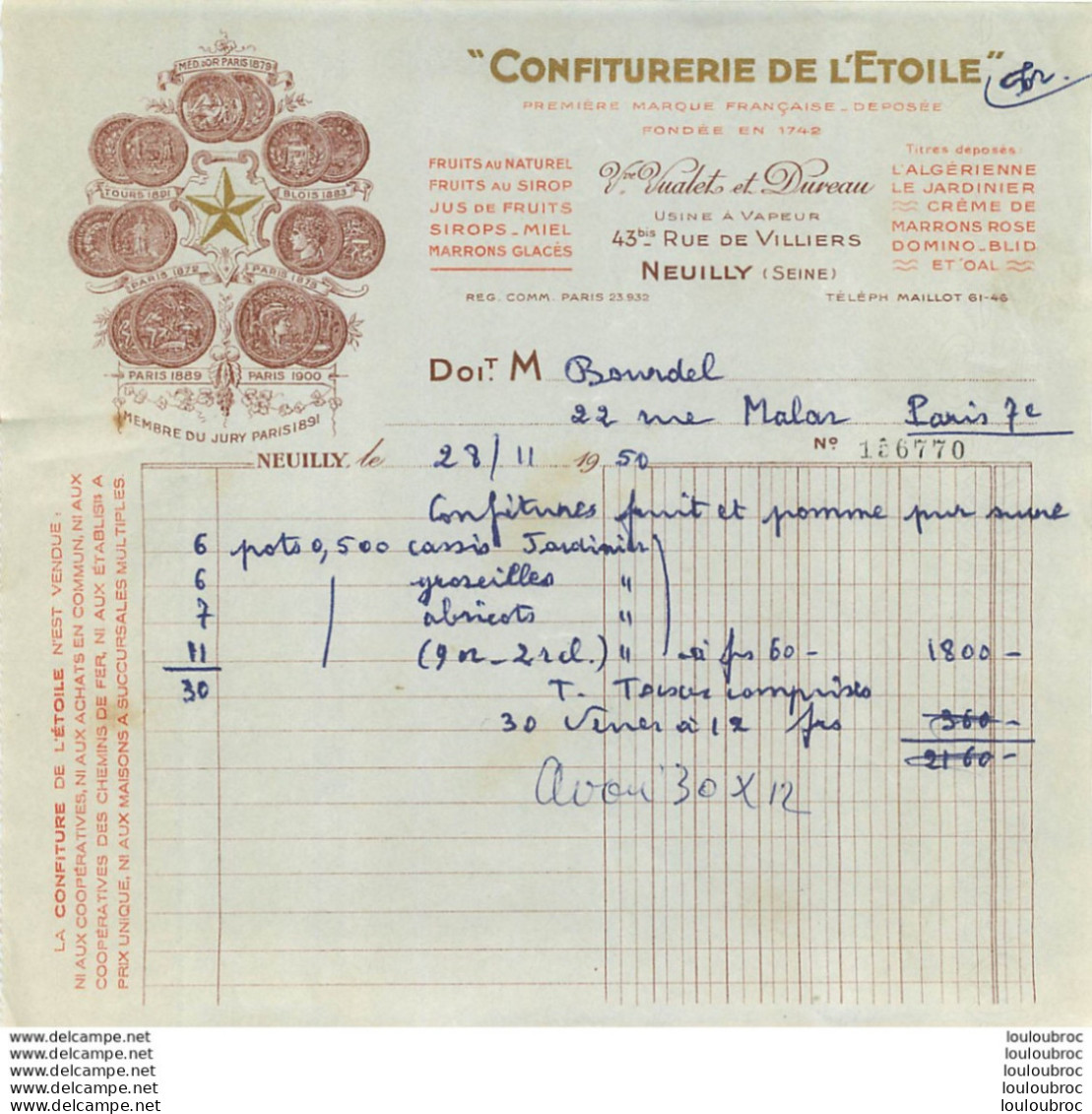 FACTURE 1950 CONFITURERIE DE L'ETOILE VVE VUALET 43 RUE DE VILLIERS A NEUILLY - 1950 - ...