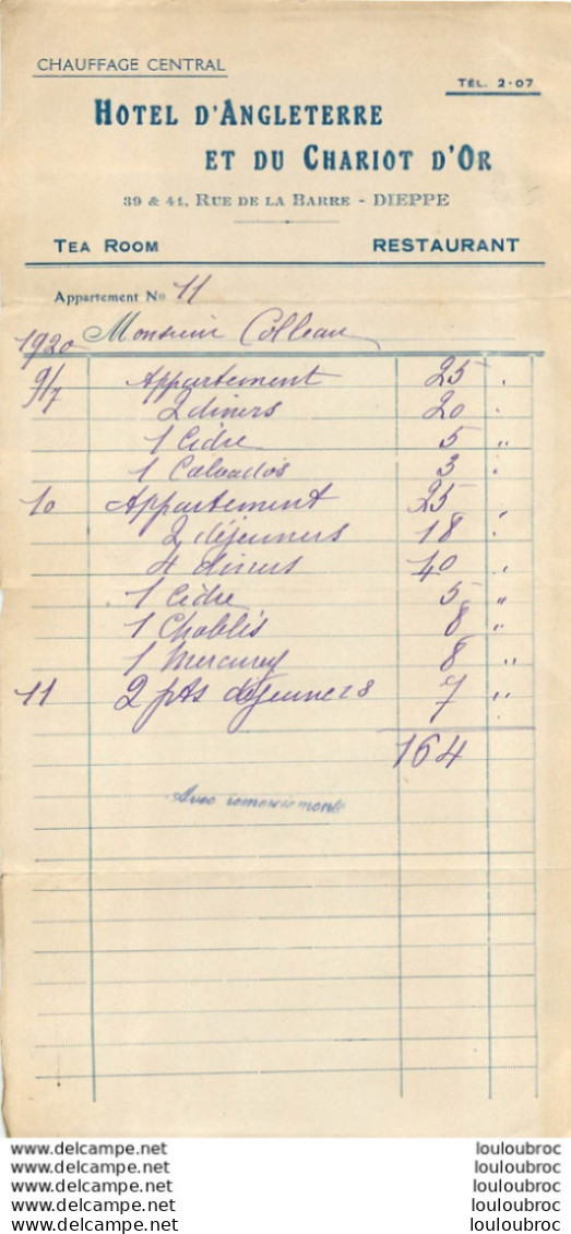 FACTURE  HOTEL D'ANGLETERRE ET DU CHARIOT D'OR A DIEPPE - 1900 – 1949
