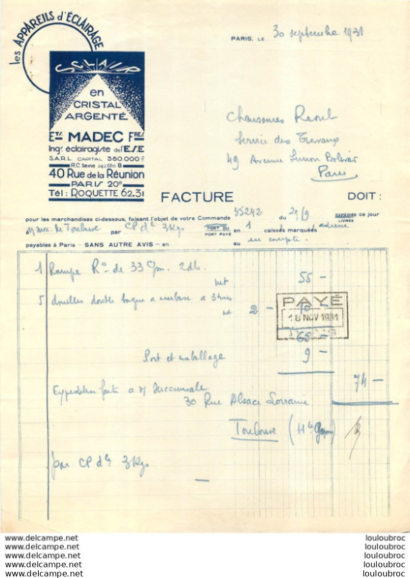 FACTURE 1931  ETS MADEC FRERES LES APPAREILS D'ECLAIRAGE A PARIS - Manuscritos