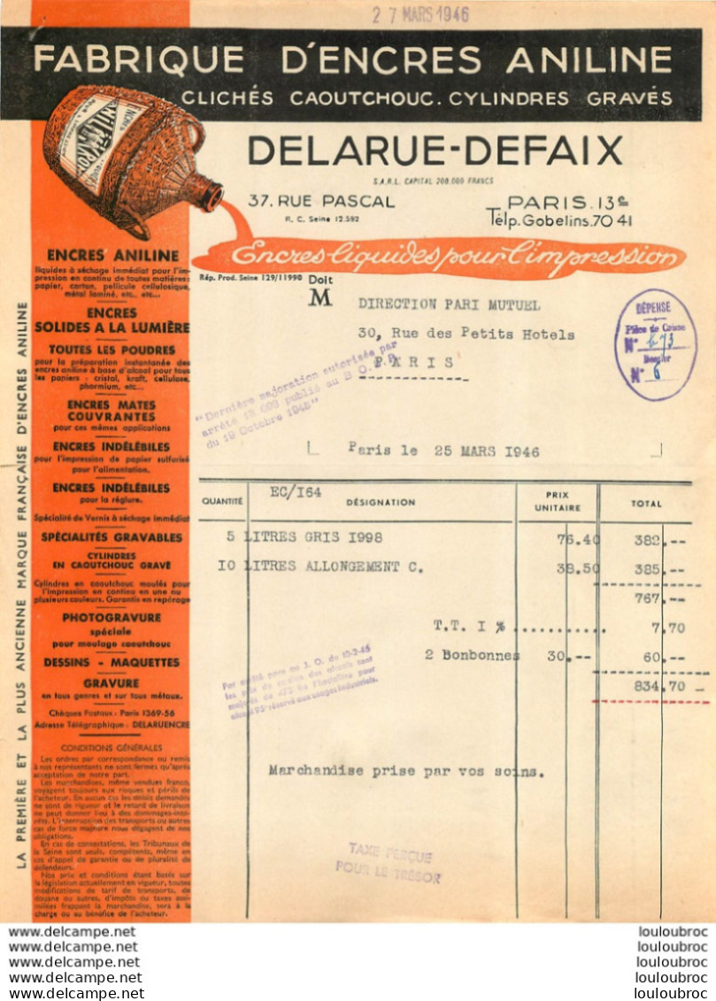 FACTURE 1946 MAISON DELARUE DEFAIX FABRIQUE D'ENCRES ANILINE  37 RUE PASCAL PARIS 13E - 1900 – 1949