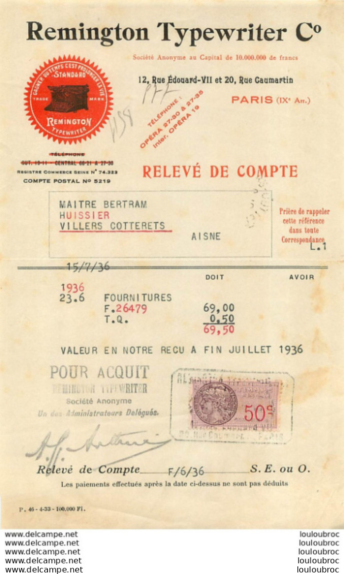 FACTURE 1936 REMINGTON TYPEWRITER 12 RUE EDOUARD VII PARIS - 1900 – 1949