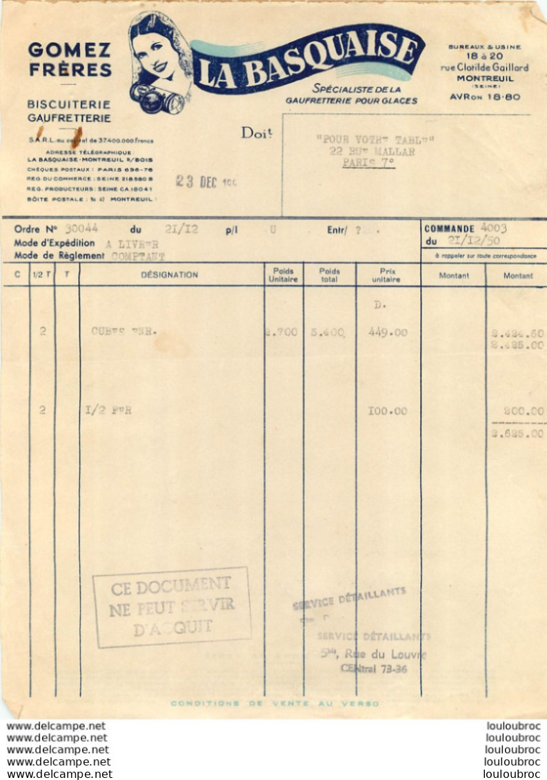 FACTURE 1950 LA BASQUAISE GOMEZ FRERES MONTREUIL - 1950 - ...