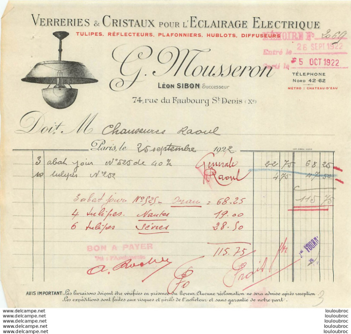 FACTURE 1922  G.  MOUSSERON VERRERIES ET CRISTAUX  RUE DU FAUBOURG ST DENIS - 1900 – 1949