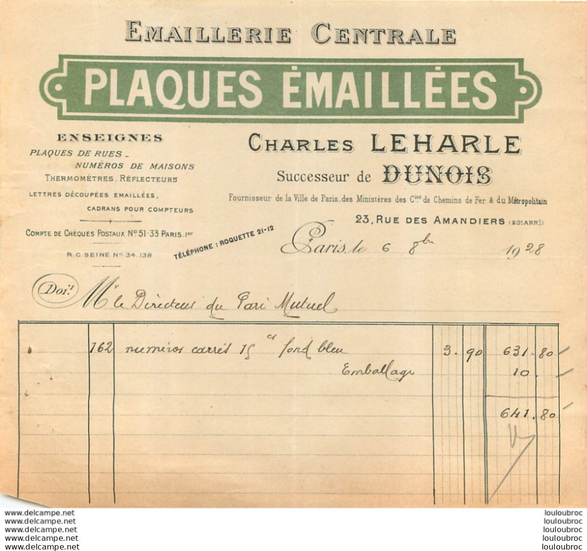 FACTURE 1928 CHARLES LEHARLE PLAQUES EMAILLEES EMAILLERIE CENTRALE A PARIS - Manuscripten
