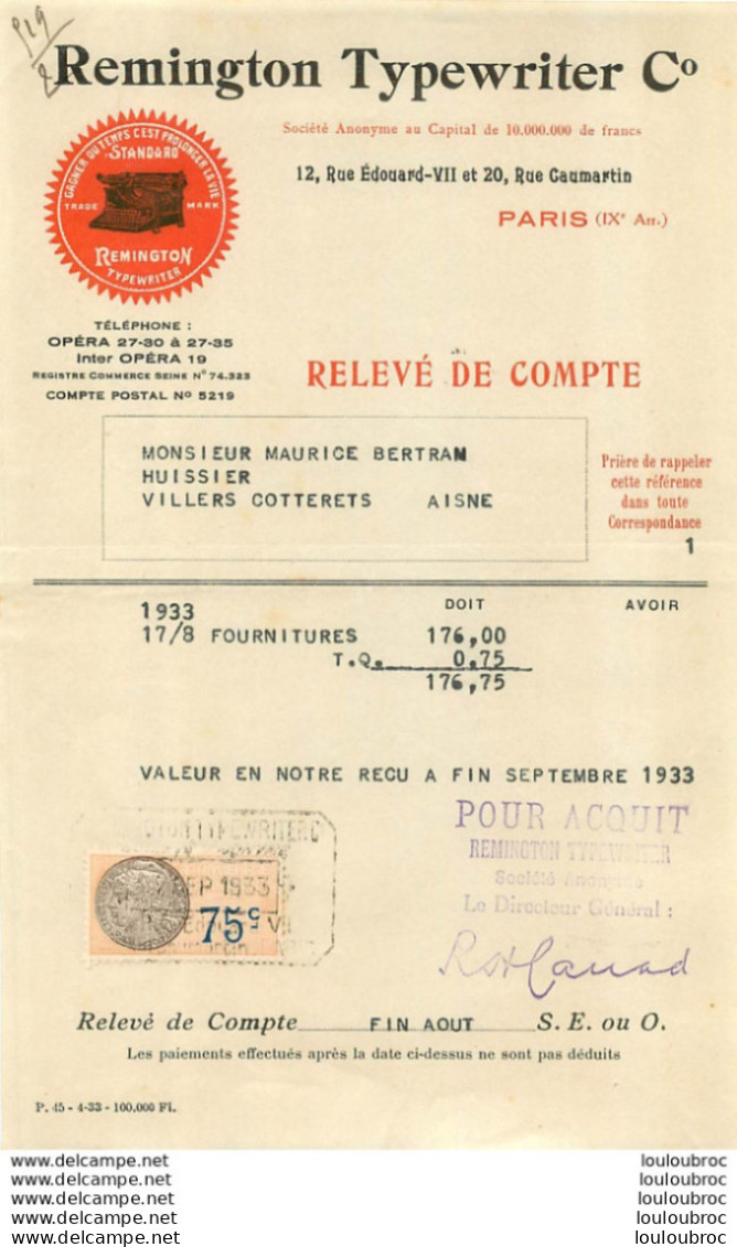 FACTURE 1933 REMINGTON TYPEWRITER 12 RUE EDOUARD VII PARIS - 1900 – 1949