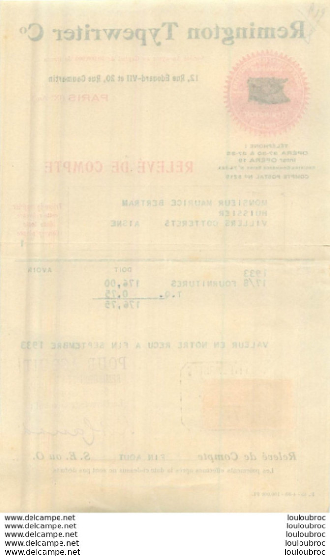 FACTURE 1933 REMINGTON TYPEWRITER 12 RUE EDOUARD VII PARIS - 1900 – 1949