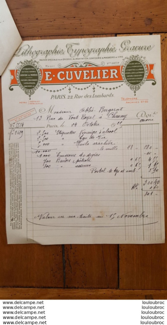 FACTURE ET LETTRE DE CHANGE  1925  E.  CUVELIER LITHOGRAPHIE TYPOGRAPHIE GRAVURE 22 RUE DES LOMBARDS PARIS - 1900 – 1949