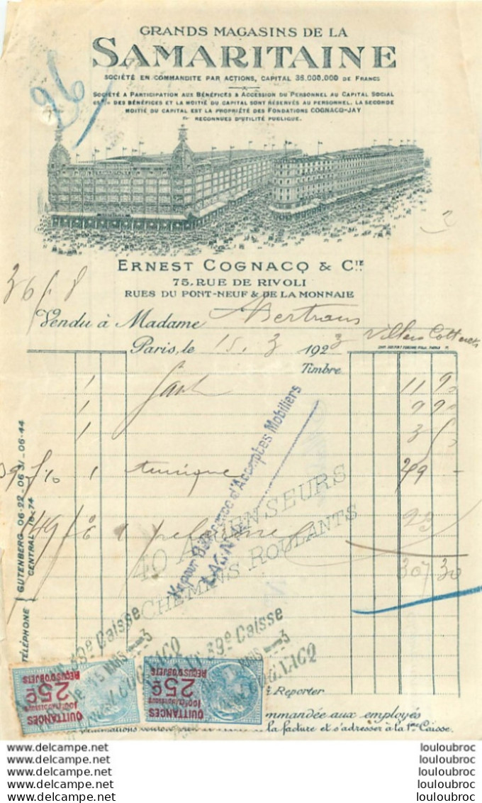 FACTURE 1923 GRANDS MAGASINS DE LA SAMARITAINE ERNEST COGNACQ 75 RUE DE RIVOLI PARIS - 1900 – 1949