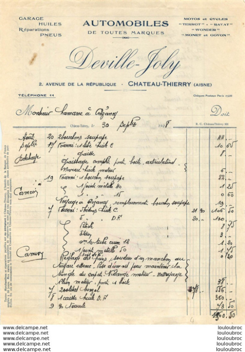 FACTURE 1928 DEVILLE JOLY AUTOMOBILES DE TOUTES MARQUES A CHATEAU THIERRY - Manuscrits