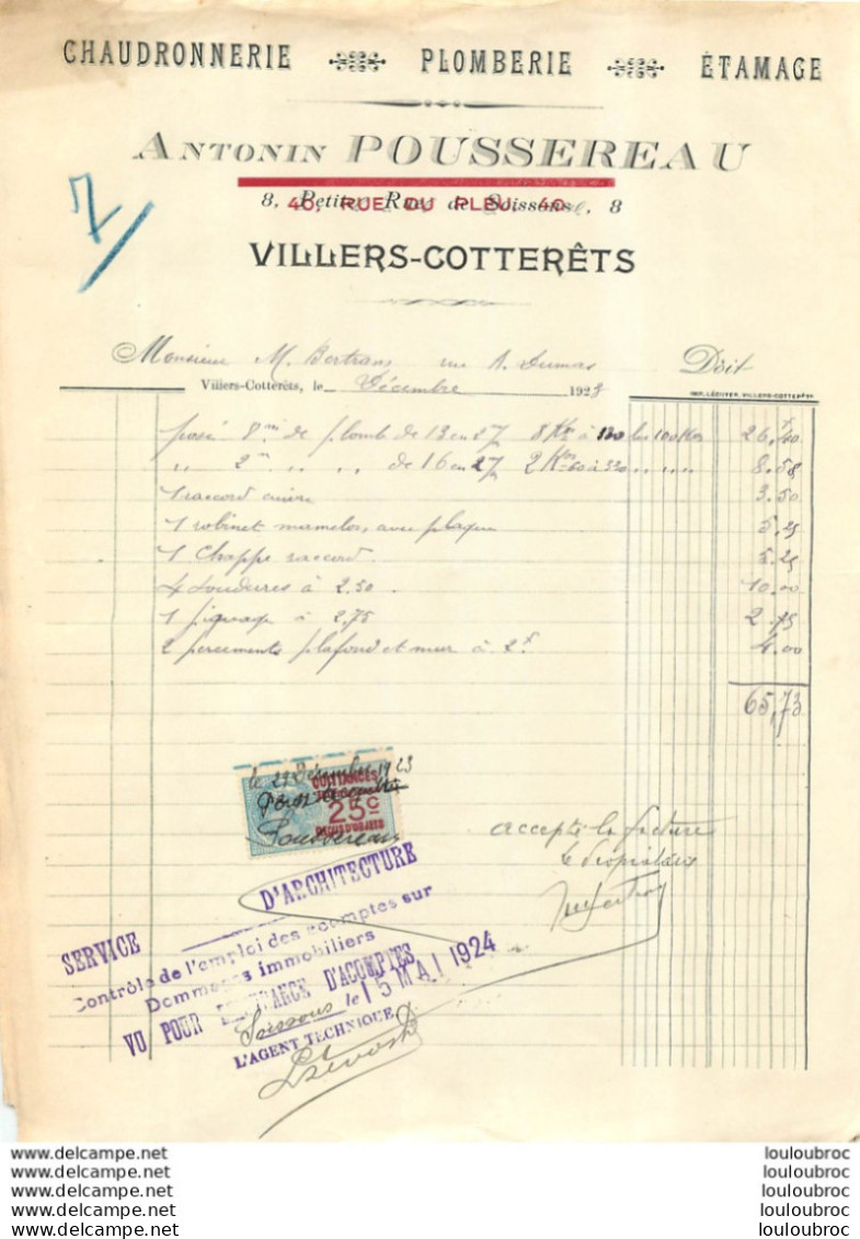 FACTURE 1923  ANTONIN POUSSEREAU CHAUDRONNERIE A VILLERS COTTERETS - 1900 – 1949