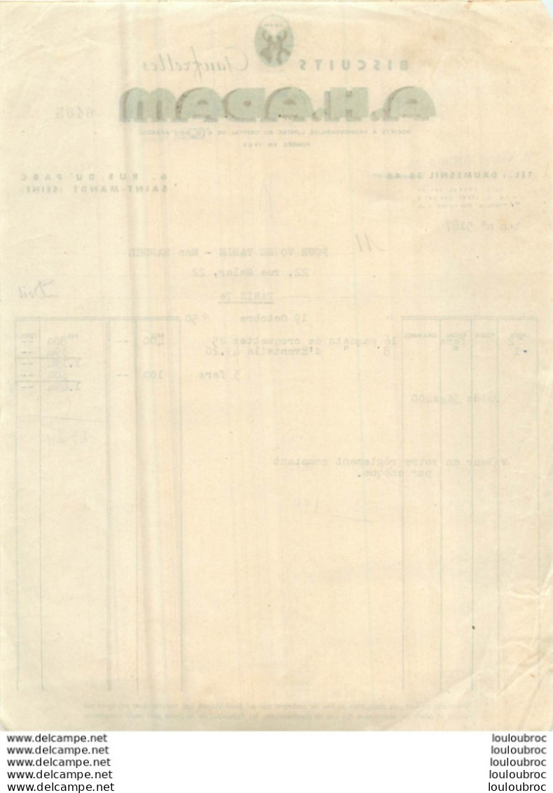 FACTURE 1950  A.H.  ADAM BISCUITS GAUFRETTES PARIS - 1950 - ...
