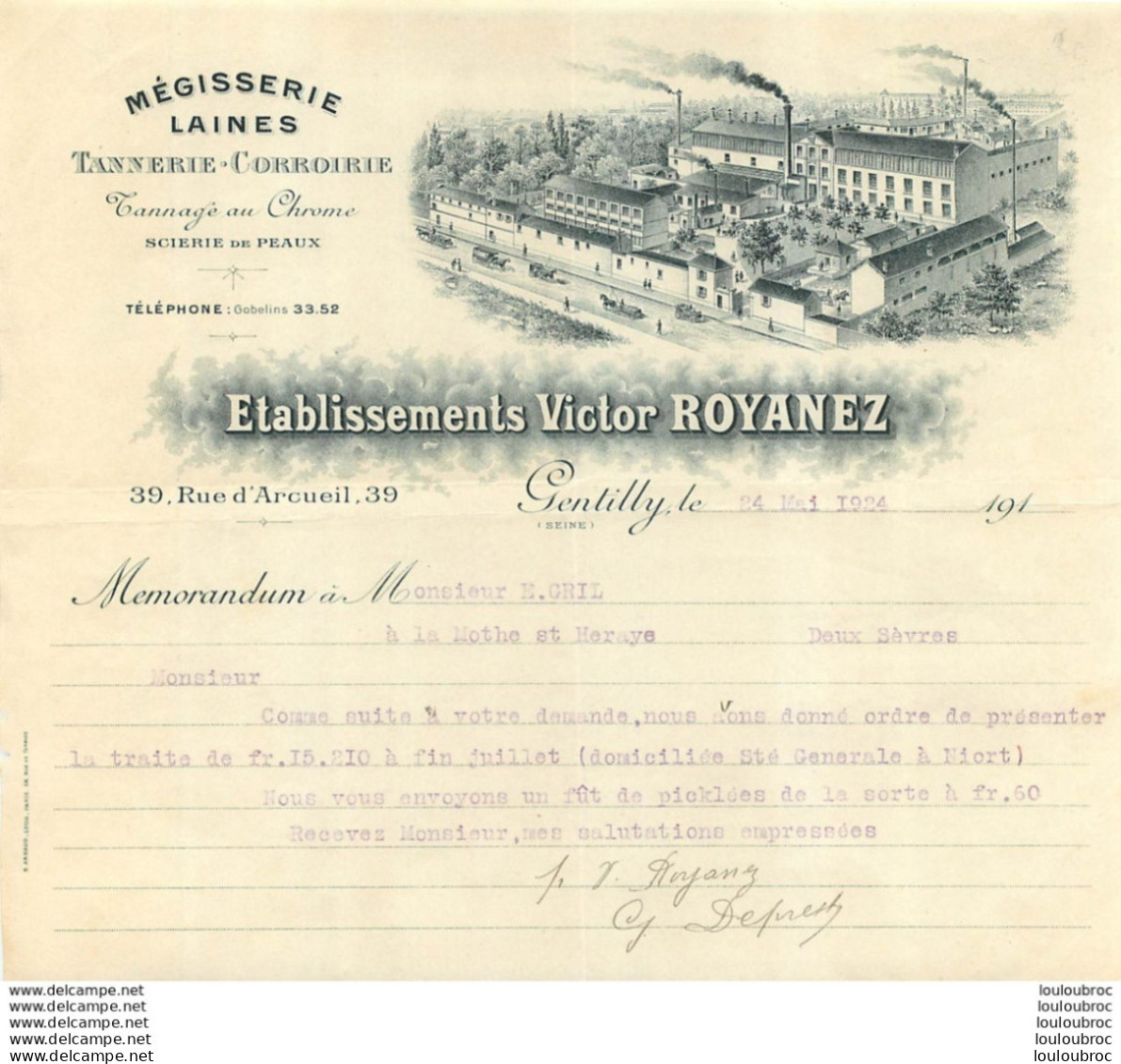 FACTURE 1924 ETS VICTOR ROYANEZ MEGISSERIE LAINES TANNERIE CORROIRIE GENTILLY - 1900 – 1949