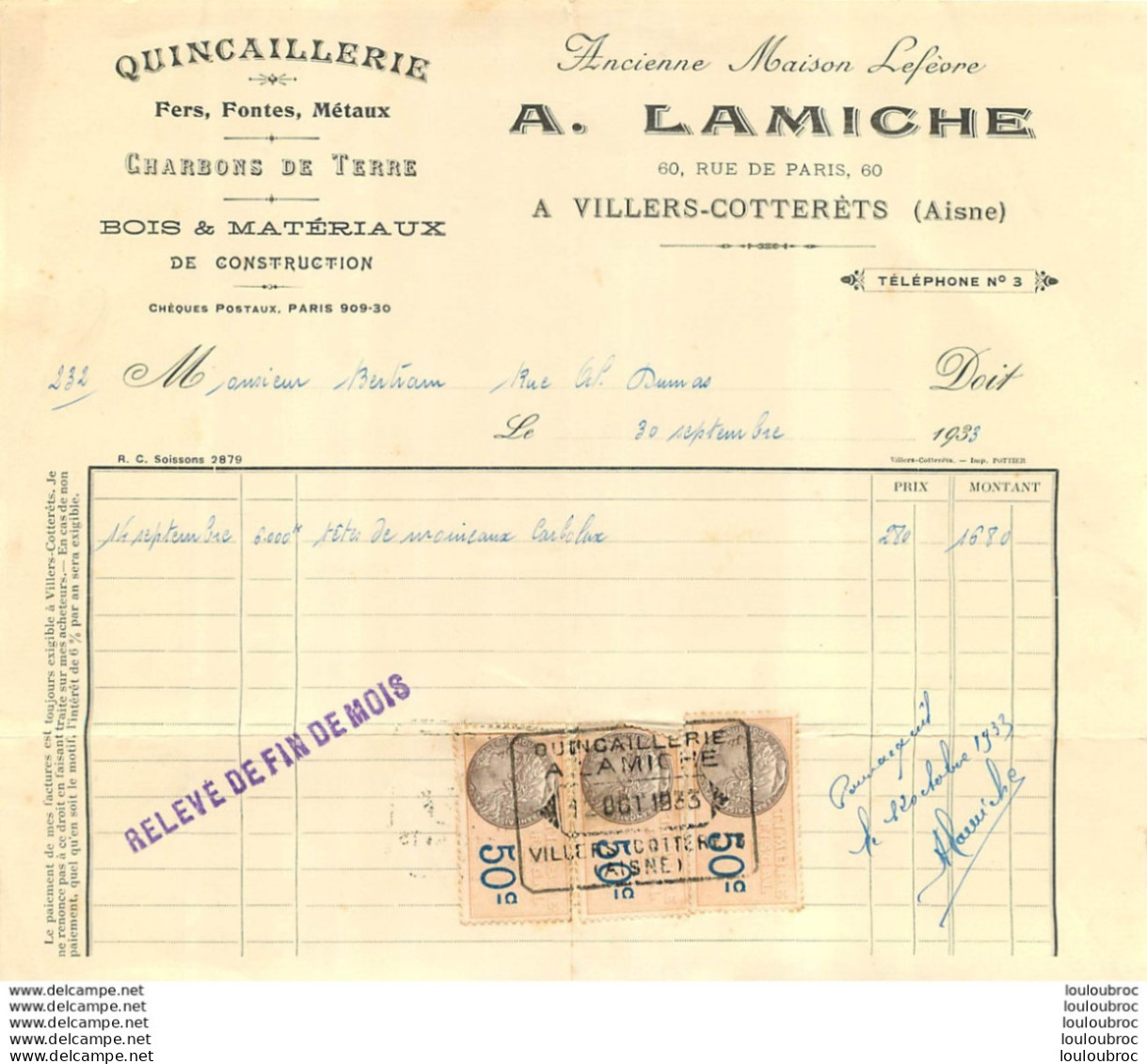 FACTURE 1933 A. LAMICHE QUINCAILLERIE A VILLERS COTTERETS - 1950 - ...