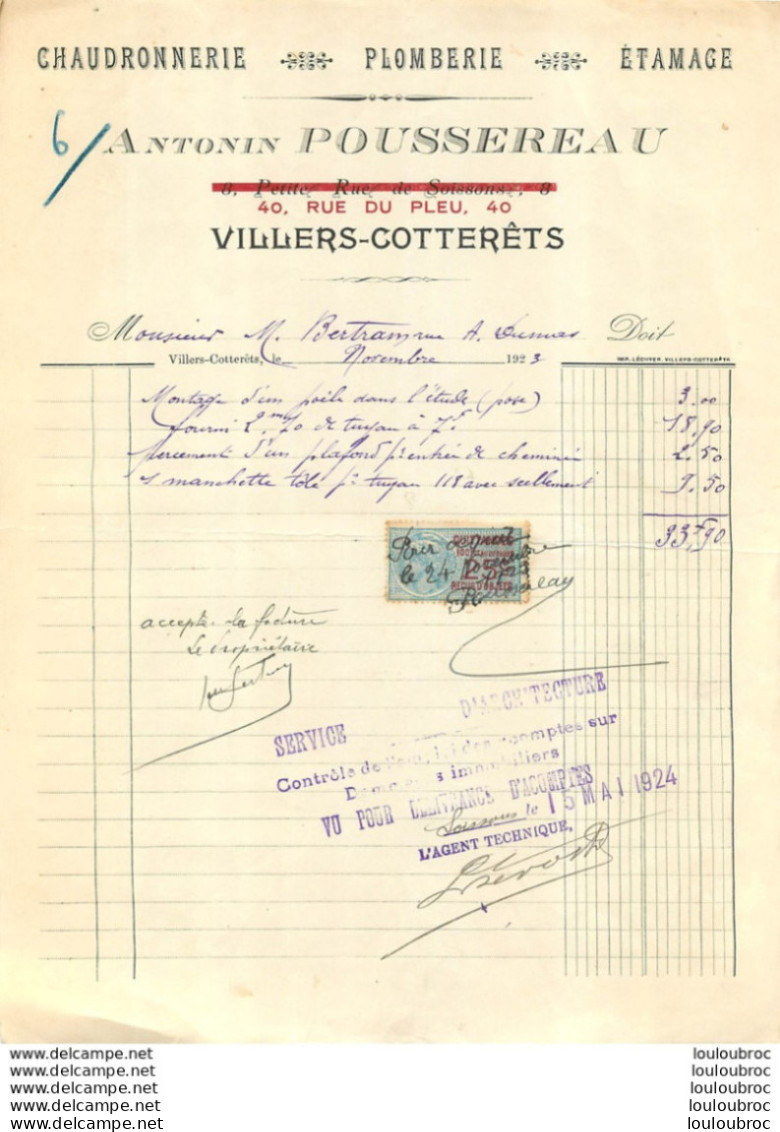 FACTURE 1923 ANTONIN POUSSEREAU CHAUDRONNERIE A VILLERS COTTERETS - 1900 – 1949